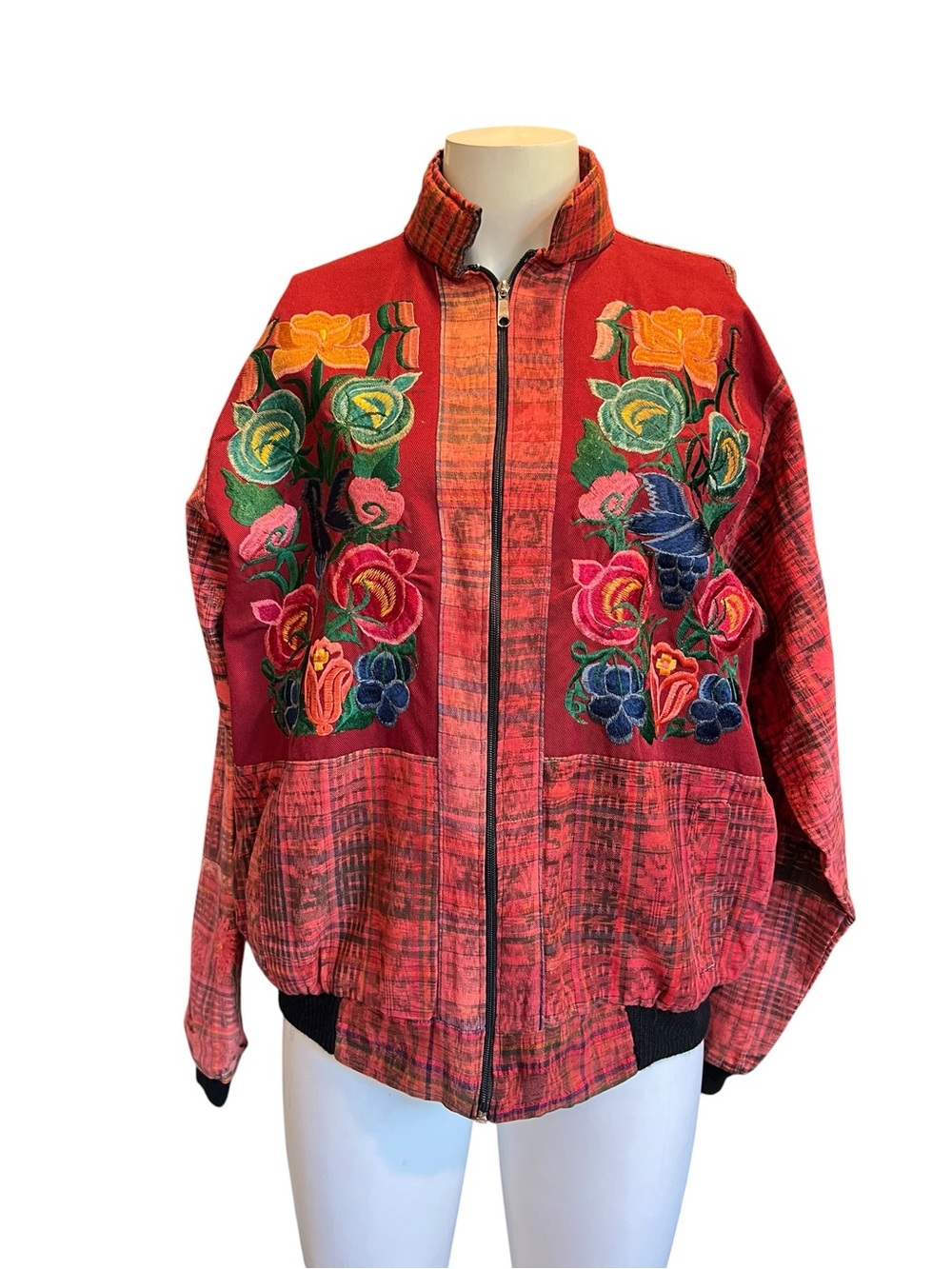 Vintage Embroidered Red Bomber Jacket with Floral Motif